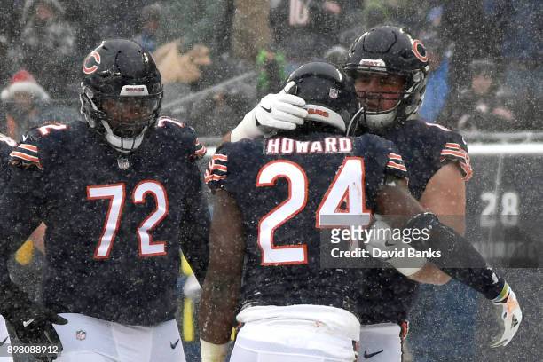 Jordan Howard and Cody Whitehair of the Chicago Bears celebrate after Howard scored against the Cleveland Browns in the first quarter at Soldier...