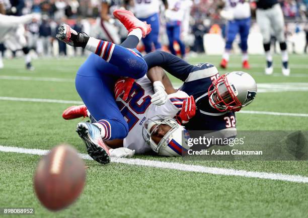 Devin McCourty of the New England Patriots breaks up a pass intended for LeSean McCoy of the Buffalo Bills during the second quarter of a game at...