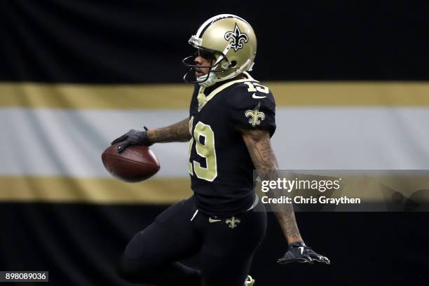 Ted Ginn of the New Orleans Saints reacts after scoring a touchdown against the Atlanta Falcons at Mercedes-Benz Superdome on December 24, 2017 in...