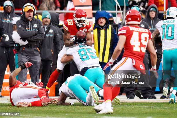 Cornerback Marcus Peters of the Kansas City Chiefs find a fumbled ball in the air that he would recover for the first turnover of the game in the...