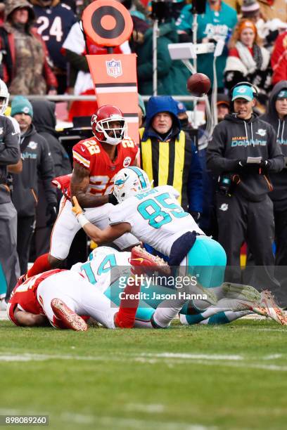 Cornerback Marcus Peters of the Kansas City Chiefs find a fumbled ball in the air that he would recover for the first turnover of the game in the...