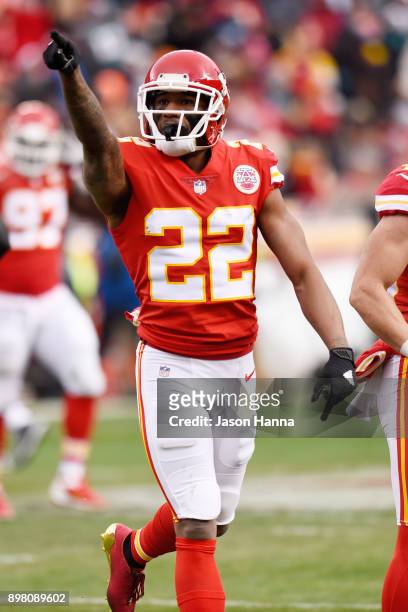 Cornerback Marcus Peters of the Kansas City Chiefs celebrates after recovering a fumble for the first turnover of the game in the first quarter...