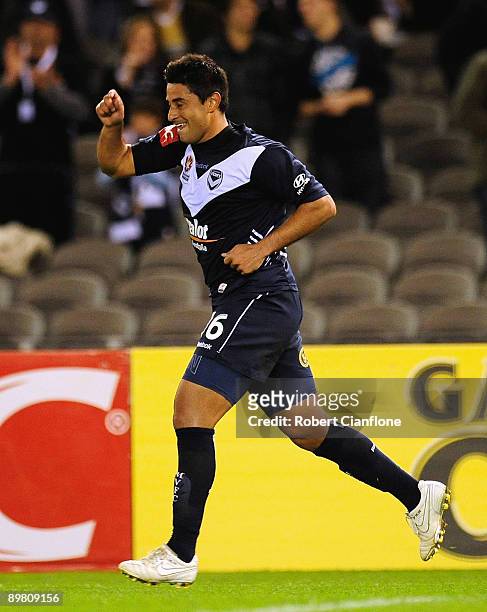 Carlos Hernandez of the Victory celebrates a goal during the round two A-League match between the Melbourne Victory and the Brisbane Roar at Etihad...