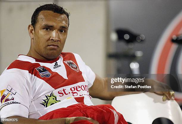 Neville Costigan of the Dragons reacts from the sideline during the round 23 NRL match between the Canberra Raiders and the St George Illawarra...