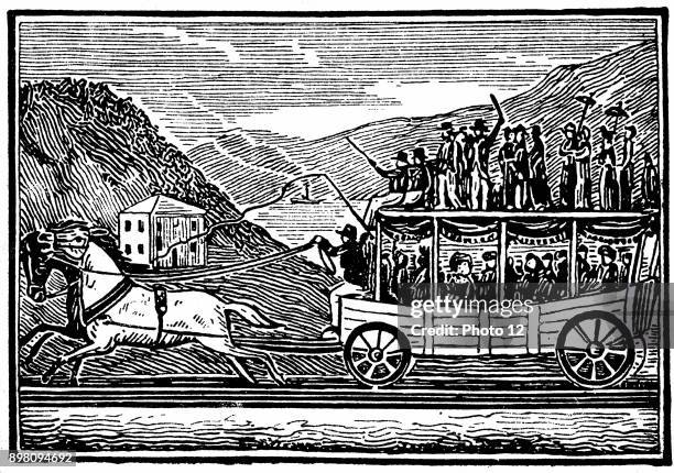 Horse-drawn carriage on the Baltimore and Ohio Railroad 1830-35 Woodcut.