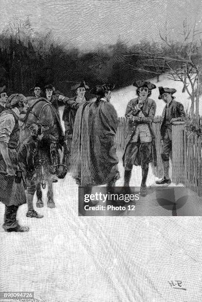 Engraving depicts American silversmith, engraver, and revolutionary Paul Revere as he meets with Major John Sullivan , Durham, New Hampshire,...