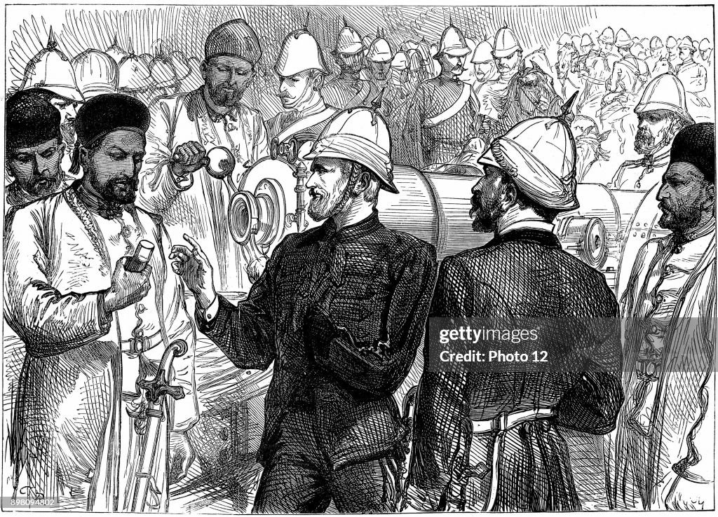 Second Anglo-Afghan War (1878-1880): Yakub (Yakoob) Khan, ruler of Afghanistan, being shown details of British guns