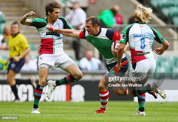 Ifan Evans of Kukri White Hart Marauders breaks through the Harlequins defence during the Middlesex Sevens at Twickenham Stadium on August 15, 2009...