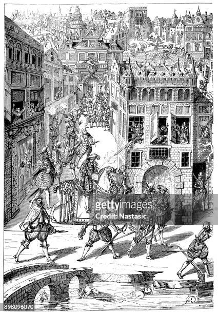 st. 在1572年的大屠殺是一個有針對性的暗殺團夥和一波天主教暴徒暴力, 針對胡格諾 (法國加爾文新教) 在法國宗教戰爭期間 - mass murder 幅插畫檔、美工圖案、卡通及圖標