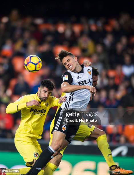 Alvaro, Gabriel Paulista during the match between Valencia CF against Villarreal CF , week 17 of La Liga 2017/18 at Mestalla stadium, Valencia, SPAIN...