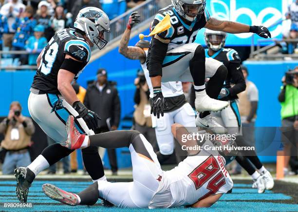 Kurt Coleman of the Carolina Panthers is called for pass interference against Cameron Brate of the Tampa Bay Buccaneers during their game at Bank of...