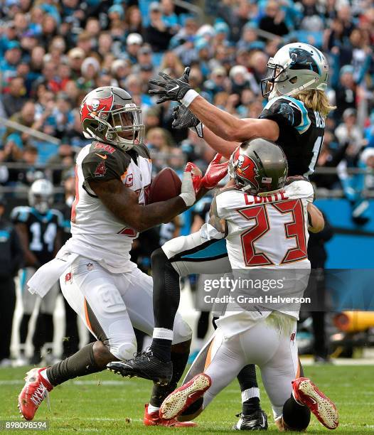 Kwon Alexander of the Tampa Bay Buccaneers intercepts a pass to Brenton Bersin of the Carolina Panthers in the third quarter during their game at...