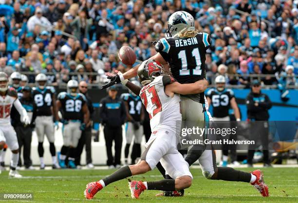 Kwon Alexander of the Tampa Bay Buccaneers intercepts a pass to Brenton Bersin of the Carolina Panthers in the third quarter during their game at...