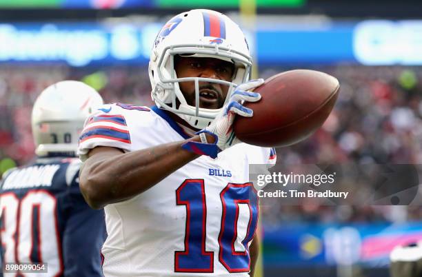 Deonte Thompson of the Buffalo Bills reacts after a catch during the second quarter of a game against the New England Patriots at Gillette Stadium on...