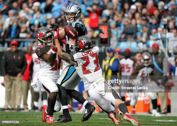 Kwon Alexander of the Tampa Bay Buccaneers intercepts a pass to Brenton Bersin of the Carolina Panthers in the third quarter during their game at...