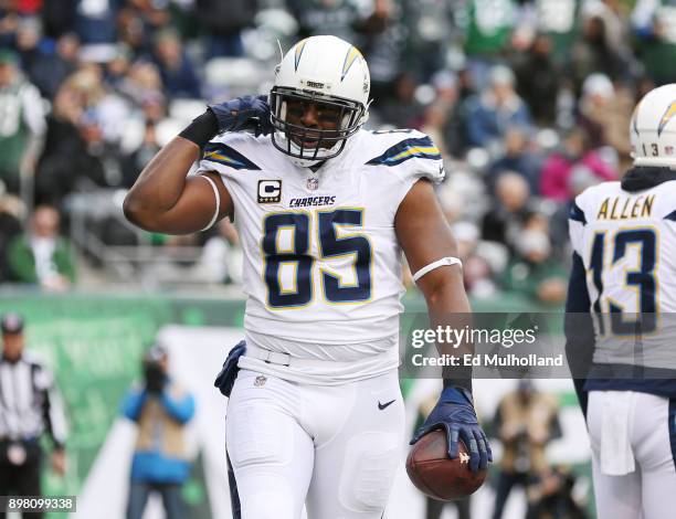 Antonio Gates of the Los Angeles Chargers celebrates after scoring a first half touchdown reception against the New York Jets in an NFL game at...