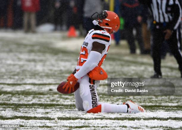 Jabrill Peppers of the Cleveland Browns celebrates after completing a pass in the second quarter against the Chicago Bears at Soldier Field on...