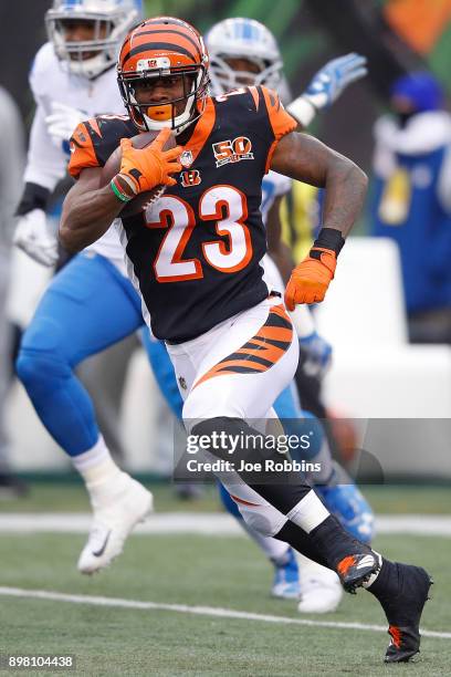 Brian Hill of the Cincinnati Bengals runs with the ball against the Detroit Lions during the second half at Paul Brown Stadium on December 24, 2017...