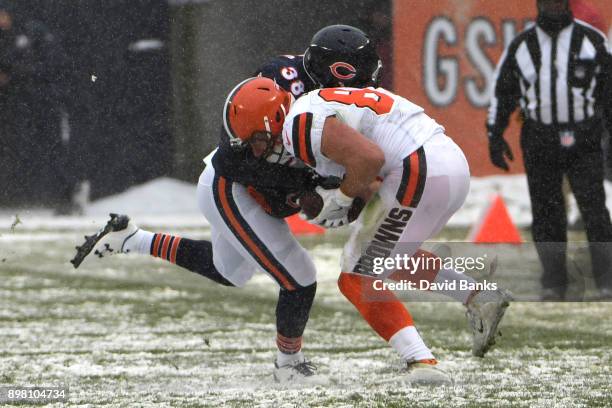 Seth DeValve of the Cleveland Browns carries the football against Adrian Amos of the Chicago Bears in the second quarter at Soldier Field on December...