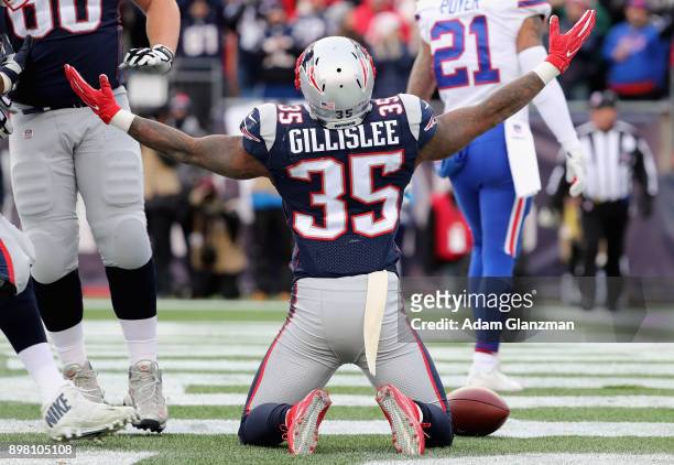 Mike Gillislee of the New England Patriots reacts after scoring a touchdown during the third quarter of a game against the Buffalo Bills at Gillette...