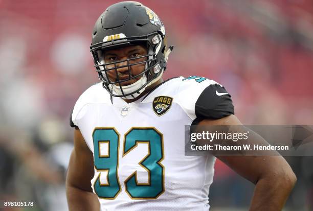 Calais Campbell of the Jacksonville Jaguars looks on during pregame warm ups prior to the start of an NFL football game against the San Francisco...