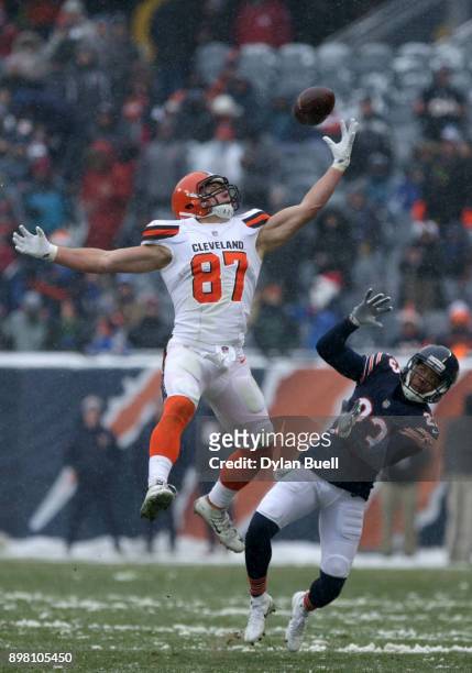 Seth DeValve of the Cleveland Browns attempts to complete the pass as Kyle Fuller of the Chicago Bears defends in the third quarter at Soldier Field...
