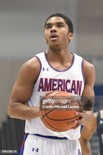 Sa'eed Nelson of the American University Eagles takes a foul shot during a college basketball game against the Mount St. Mary's Mountaineers at...