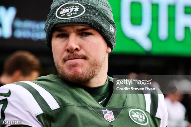 Chandler Catanzaro of the New York Jets looks on against the Los Angeles Chargers during the first half of an NFL game at MetLife Stadium on December...