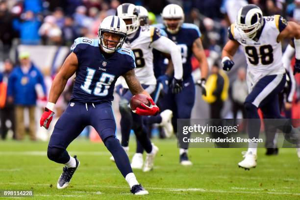 Wide Receiver Rishard Matthews of the Tennessee Titans carries the ball against the Los Angeles Rams at Nissan Stadium on December 24, 2017 in...