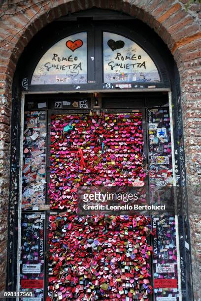 Messages, gifts and symbolic padlocks for Juliet are left by visitors in the courtyard of Via Cappello 23, which is today known as “Juliet’s House”...