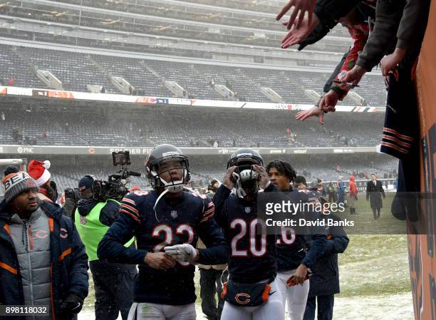 Kyle Fuller of the Chicago Bears celebrates with fans after the Bears defeated the Cleveland Browns 20-3 at Soldier Field on December 24, 2017 in...