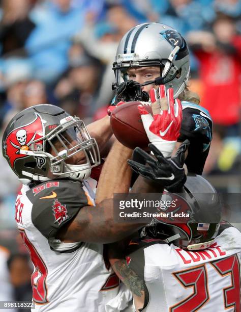 Kwon Alexander of the Tampa Bay Buccaneers intercepts a pass to Brenton Bersin of the Carolina Panthers in the third quarter during their game at...