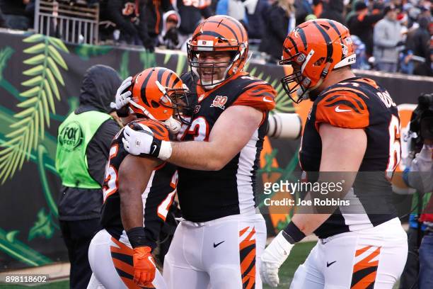 Giovani Bernard of the Cincinnati Bengals celebrates with Eric Winston after a touchdown against the Detroit Lions during the second half at Paul...