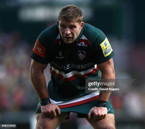 Tom Youngs of Leicester looks on during the Aviva Premiership match between Leicester Tigers and Saracens at Welford Road on December 24, 2017 in...