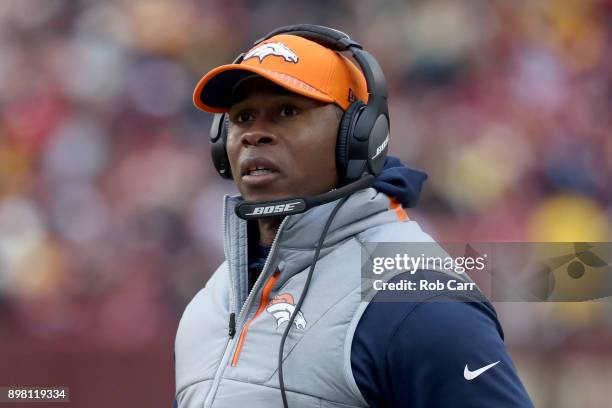 Head coach Vance Joseph of the Denver Broncos looks on against the Washington Redskins in the second half at FedExField on December 24, 2017 in...