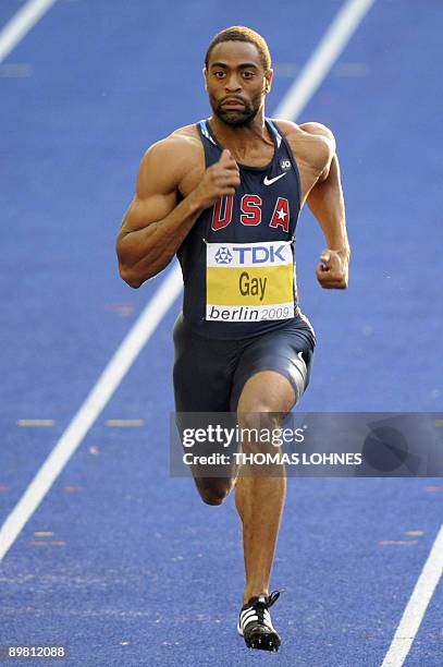 Thyson Gay competes in the men's 100m round 2 heat 4 race of the 2009 IAAF Athletics World Championships on August 15, 2009 in Berlin. AFP PHOTO DDP/...