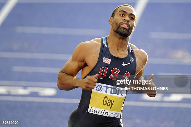 Thyson Gay wins the men's 100m round 2 heat 4 race of the 2009 IAAF Athletics World Championships on August 15, 2009 in Berlin. AFP PHOTO DDP/ THOMAS...