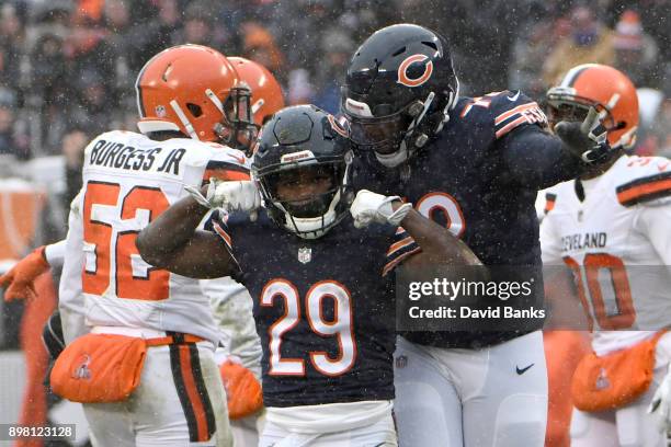 Tarik Cohen of the Chicago Bears celebrates after getting a first down in the third quarter against the Cleveland Browns at Soldier Field on December...