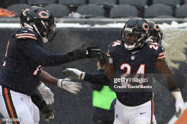 Jordan Howard of the Chicago Bears celebrates after scoring against the Cleveland Browns in the third quarter at Soldier Field on December 24, 2017...