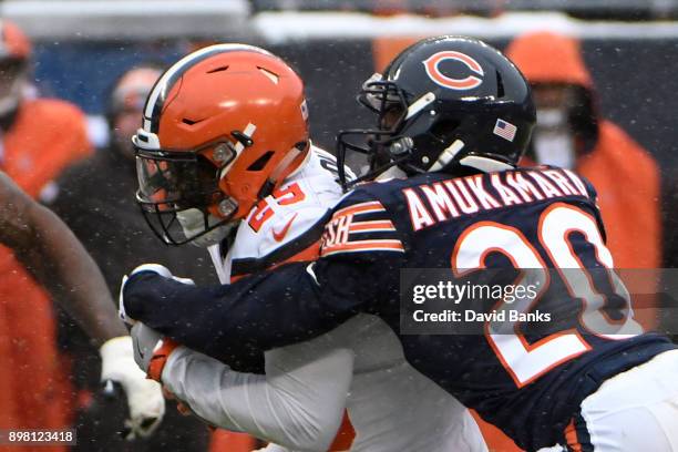 Prince Amukamara of the Chicago Bears attempts to tackle Duke Johnson of the Cleveland Browns in the third quarter at Soldier Field on December 24,...