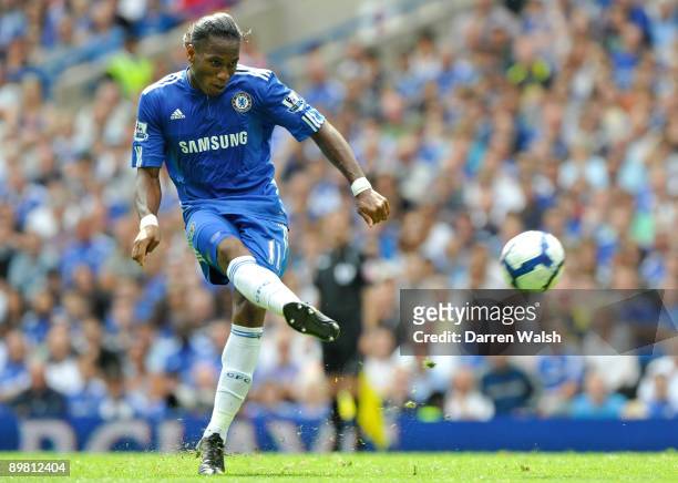 Didier Drogba of Chelsea shoots towards goal during the Barclays Premier League match between Chelsea and Hull City at Stamford Bridge on August 15,...