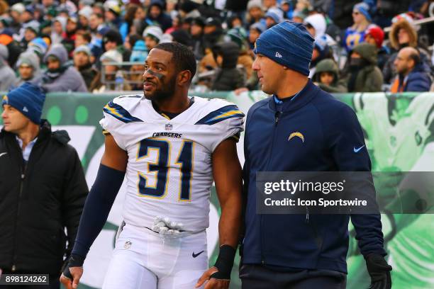 Los Angeles Chargers free safety Adrian Phillips leaves the field during the third quarter of the National Football League game between the New York...