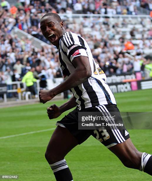 Shola Ameobi of Newcastle United celebrates after scoring the 3:0 goal from a penalty during the Coca-Cola Championship match between Newcastle...