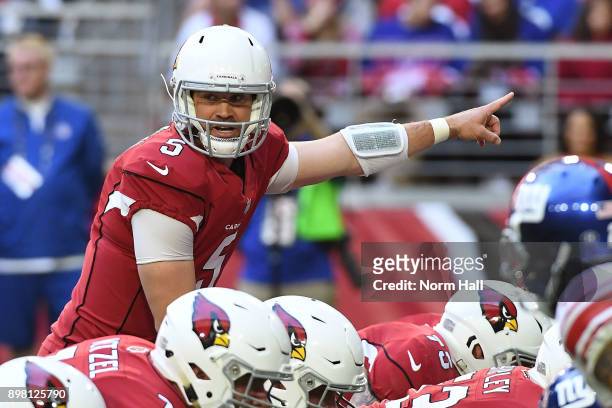 Quarterback Drew Stanton of the Arizona Cardinals calls a play prior to a snap in the first half against the New York Giants at University of Phoenix...