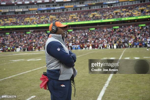 Denver Broncos head coach Vance Joseph on the side lines as time is running down in the second half as they lose to the Washington Redskins 27-11 at...