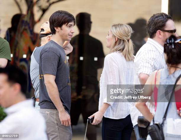 Actor Justin Long and Actress Drew Barrymore seen on location for "Going the Distance" on the streets of Manhattan on August 14, 2009 in New York...