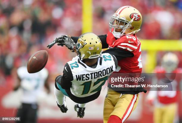 Ahkello Witherspoon of the San Francisco 49ers breaks up the pass to Dede Westbrook of the Jacksonville Jaguars during their NFL football game at...