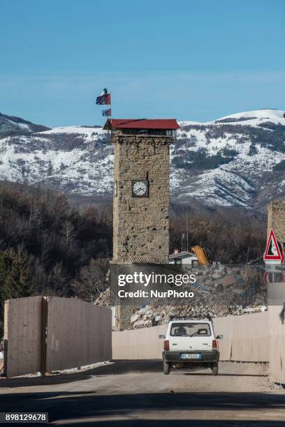 View of the remnants of the clock tower in the municipality of Amatrice, Italy, on 24 December 2017. The region has been hit by several earthquakes...