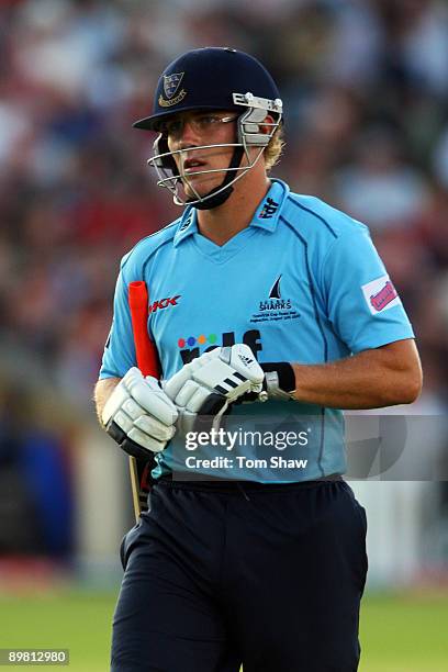 Rory Hamilton-Brown of Sussex looks dejected after losing his wicket during the Twenty20 Cup Final between Somerset and Sussex at Edgbaston on August...