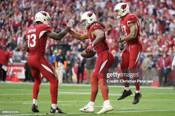 Wide receiver Larry Fitzgerald of the Arizona Cardinals celebrates a thirteen yard touchdown with wide receiver Jaron Brown and running back D.J....